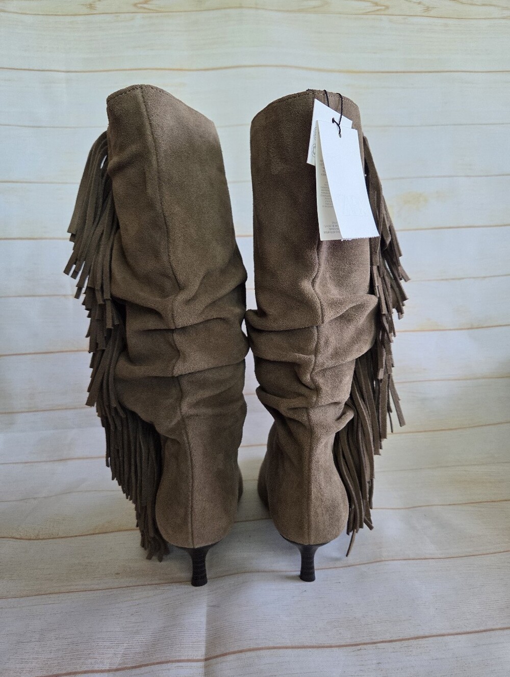 Zara Suede Fringe Ruched Pointy Toe Kitten Heel Boots Boho Brown Tan Size 38 - Picture 7 of 16